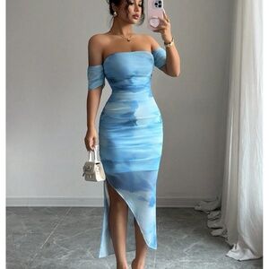 Blue Tie Dye Mesh Midi Dress Strapless Asymmetrical Lined, Stretchy
